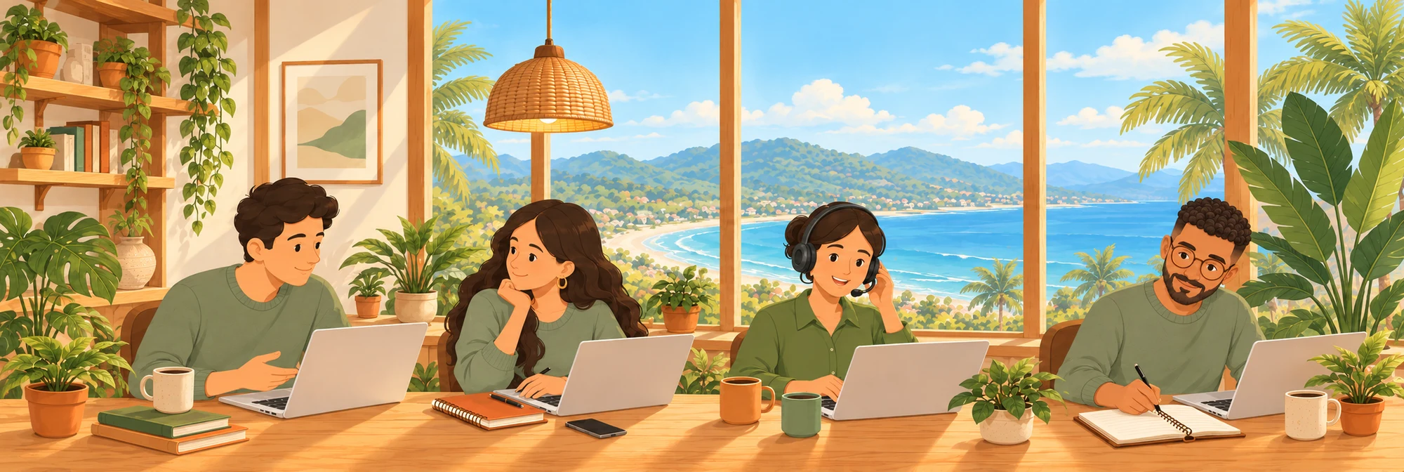 Four distinct Nomad VAs specialists sharing a wooden desk in a sunny seaside home office, with laptops, coffee, plants and a woven pendant lamp