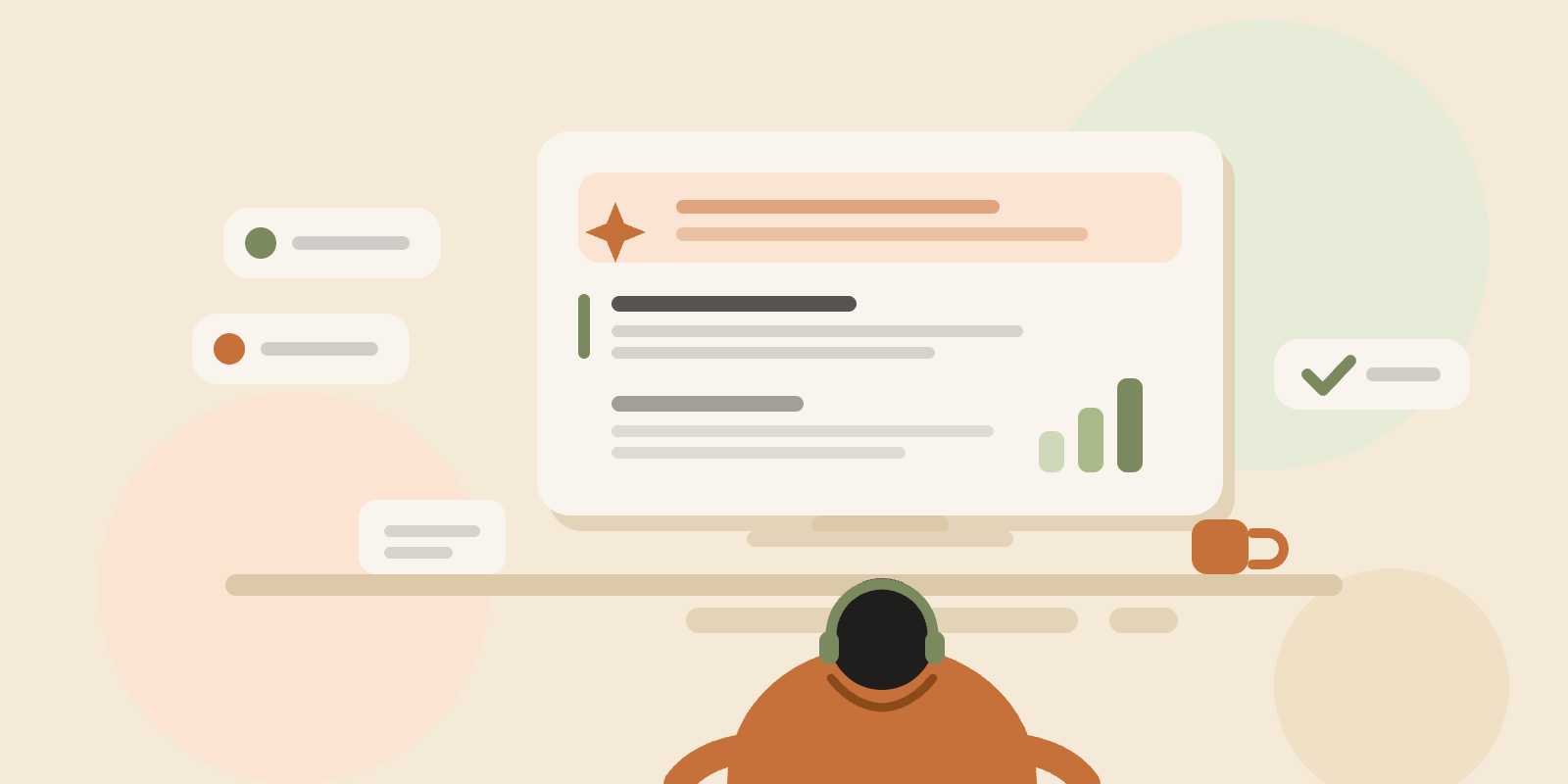 A remote SEO specialist seated at a desk in front of a screen showing an AI summary, ranked results and a small performance chart