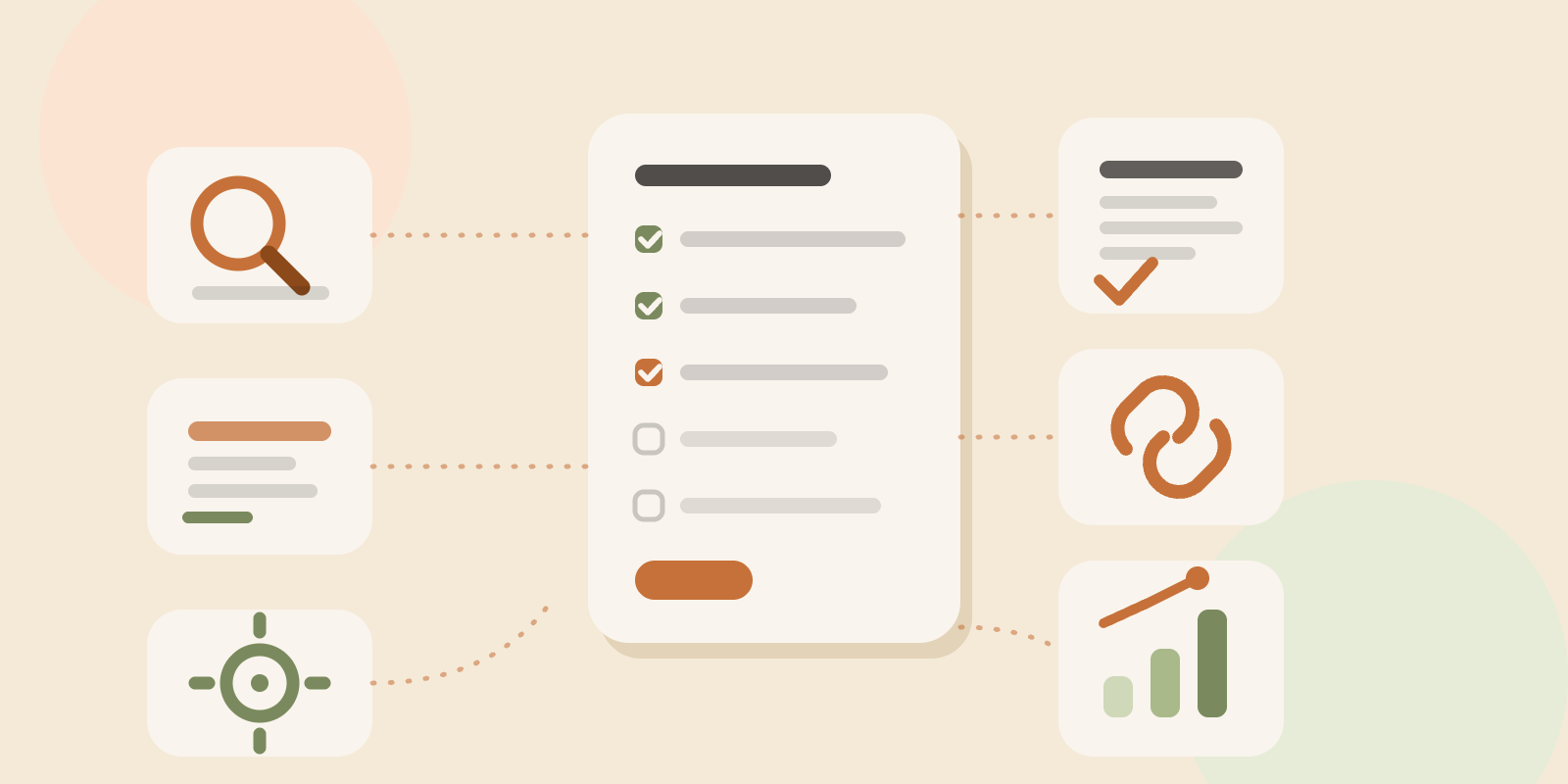 A central SEO checklist surrounded by task cards: keyword research, on-page optimization, technical SEO, content briefs, link building and reporting