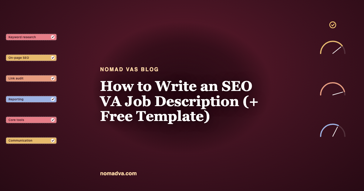 SEO VA job description template with responsibilities, tools and KPIs on a clipboard