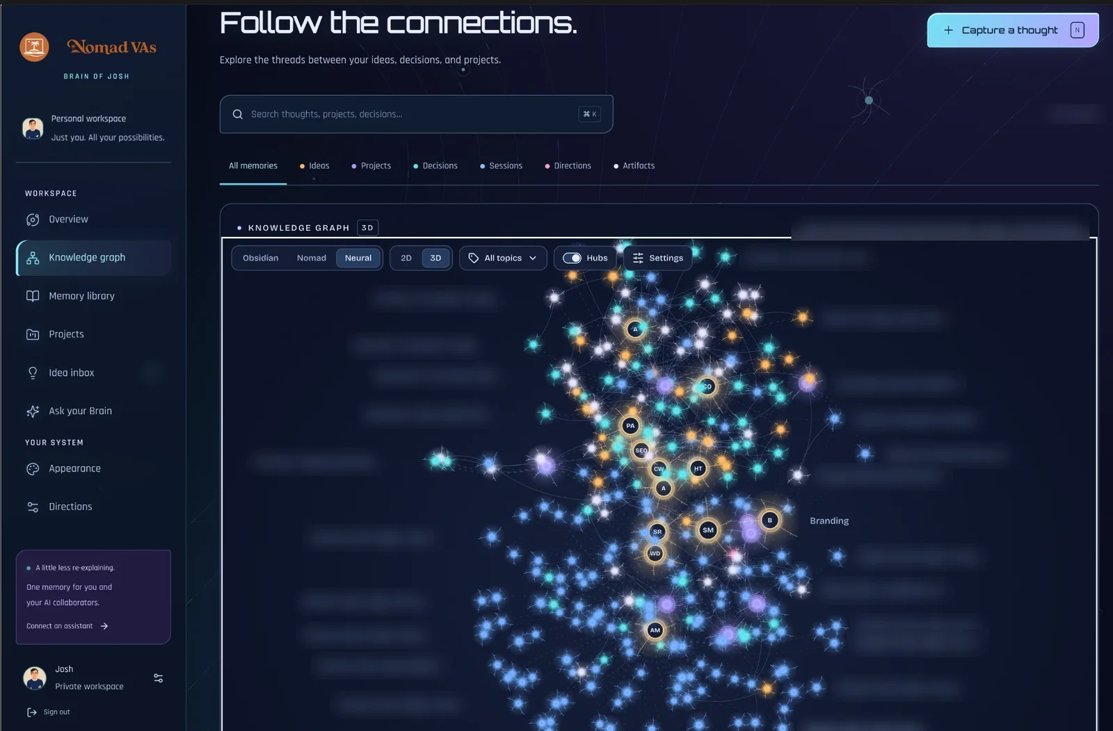 Screenshot of the Brain knowledge graph in 3D with note titles blurred