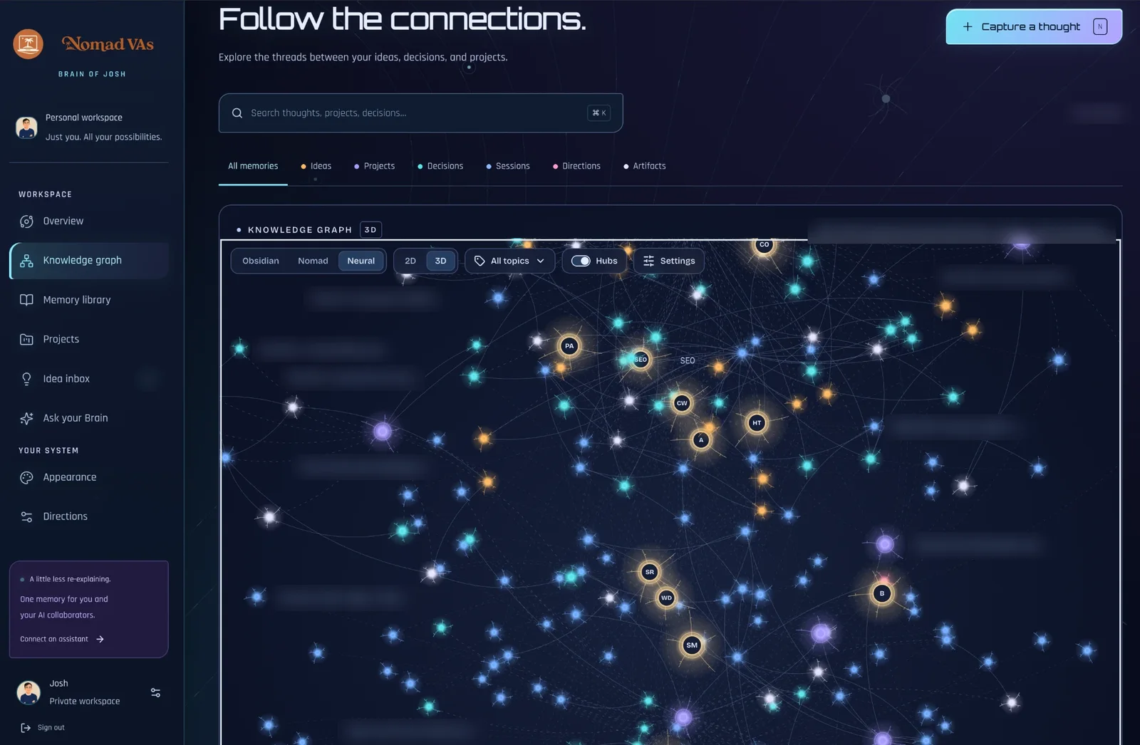 Zoomed screenshot of the Brain knowledge graph showing clusters of connected memories with titles blurred