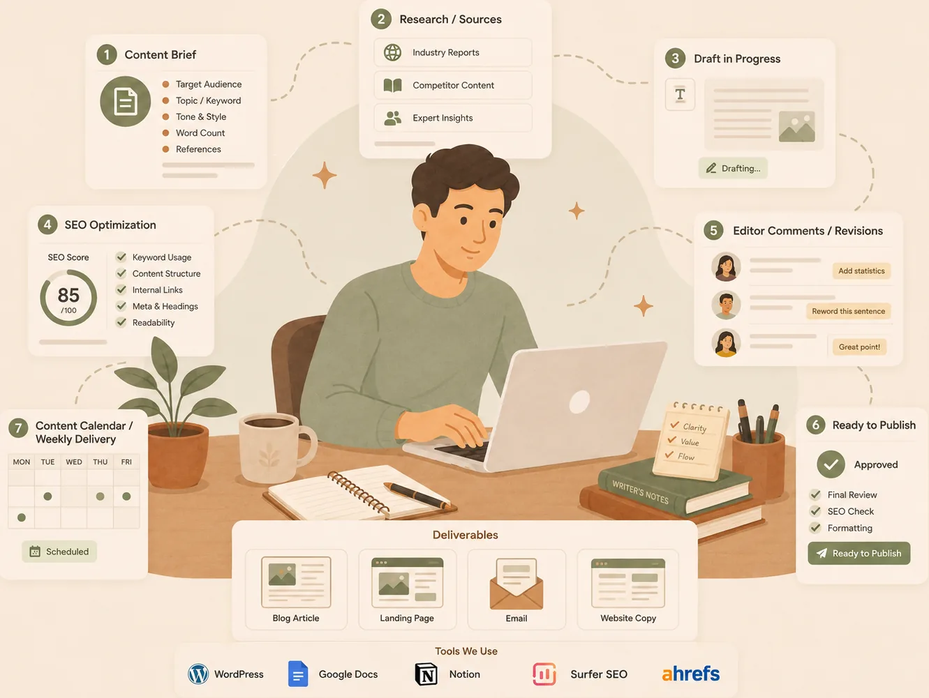 A content writer at a laptop working through a content brief, research sources, SEO optimization score, editor revisions and a delivery calendar, producing blog articles, landing pages, emails and website copy