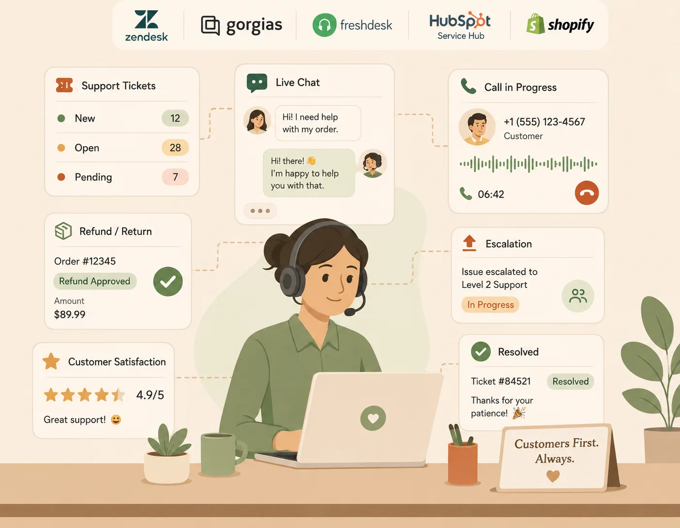 A customer support VA on a headset handling tickets, live chat, calls, refunds and escalations across Zendesk, Gorgias, Freshdesk, HubSpot and Shopify with a 4.9 out of 5 satisfaction score