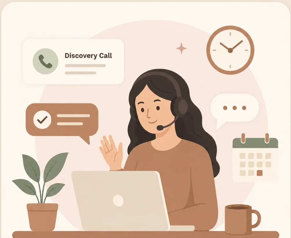 A virtual assistant on a friendly discovery call, waving to a client from a cozy laptop workspace