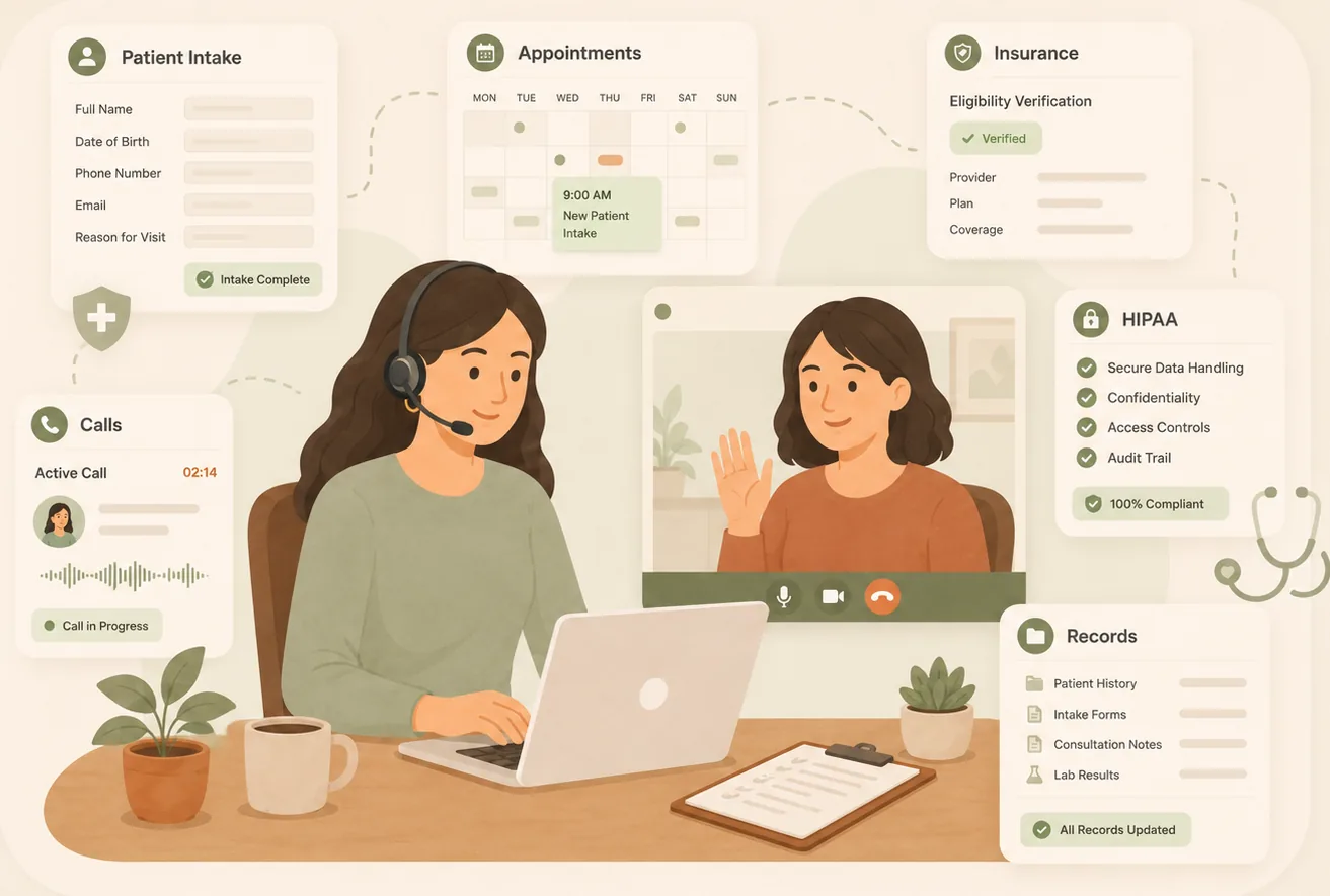 A healthcare virtual assistant on a headset handling patient intake, appointments, insurance verification, telehealth calls and records, with HIPAA-compliant secure data handling