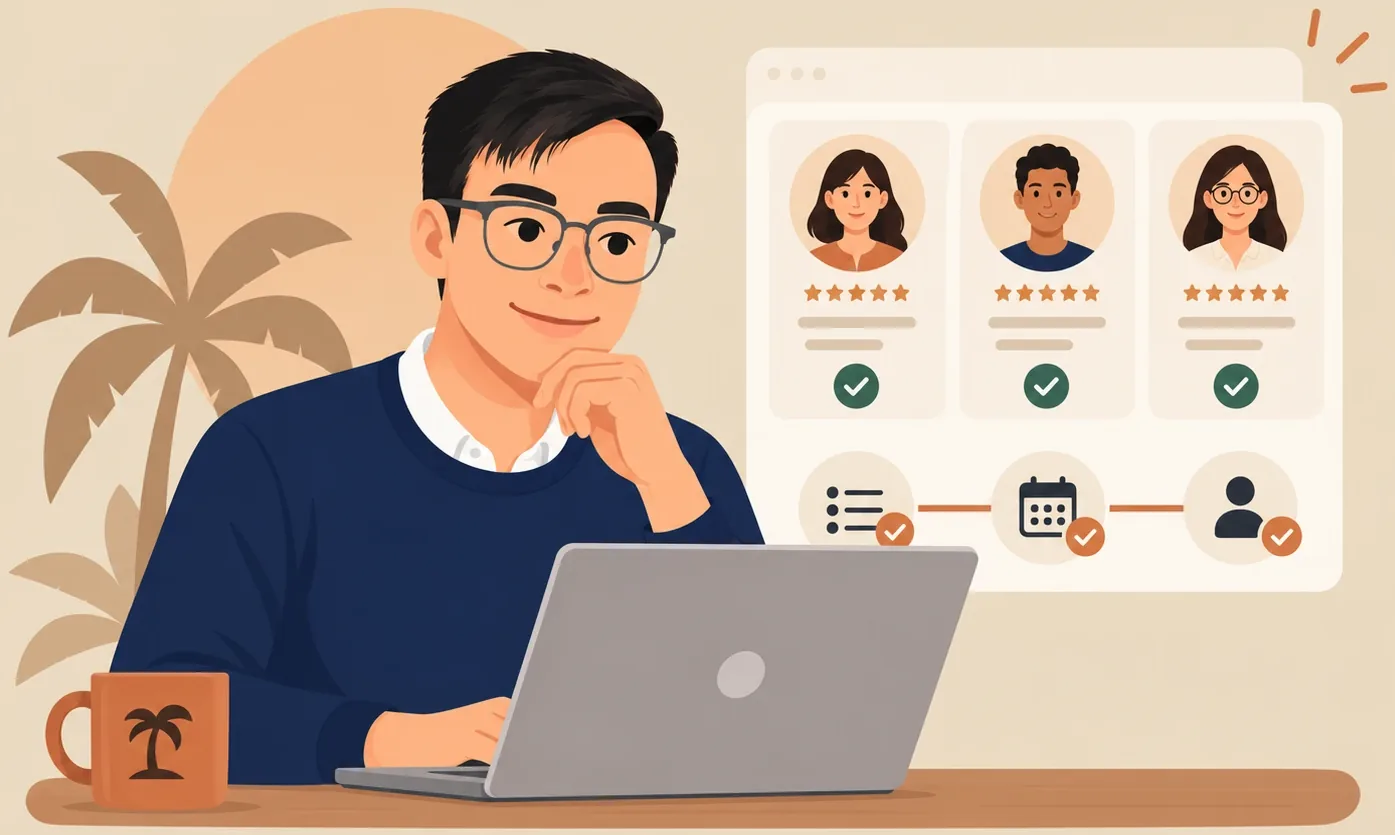 A founder reviewing a shortlist of three vetted, five-star-rated virtual assistant candidates on a laptop