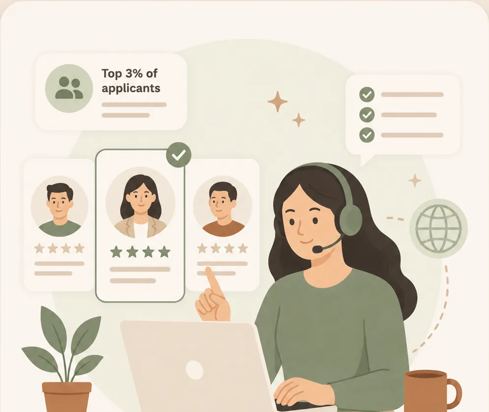 A virtual assistant reviewing a shortlist of top-matched candidate profiles with star ratings on screen