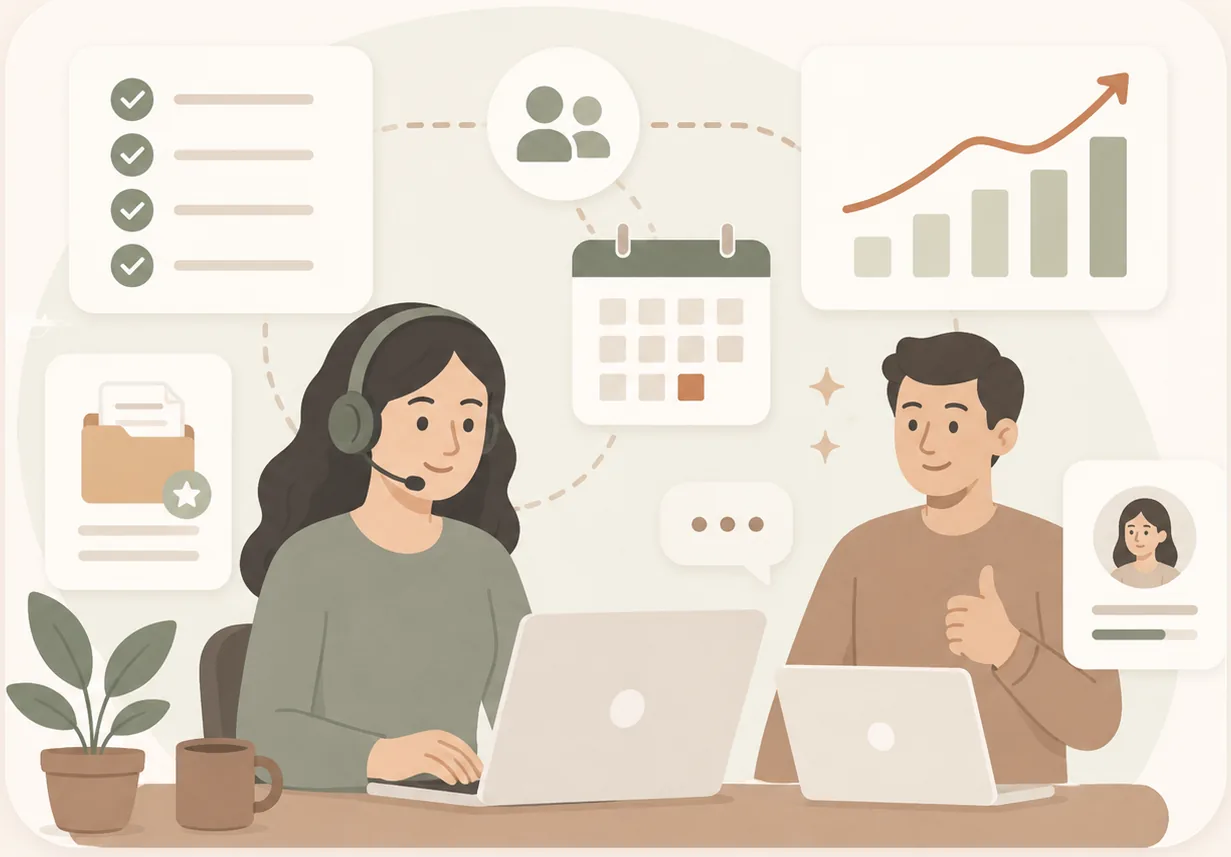 A virtual assistant and a client working side by side, onboarding with a shared calendar, checklist and a rising growth chart