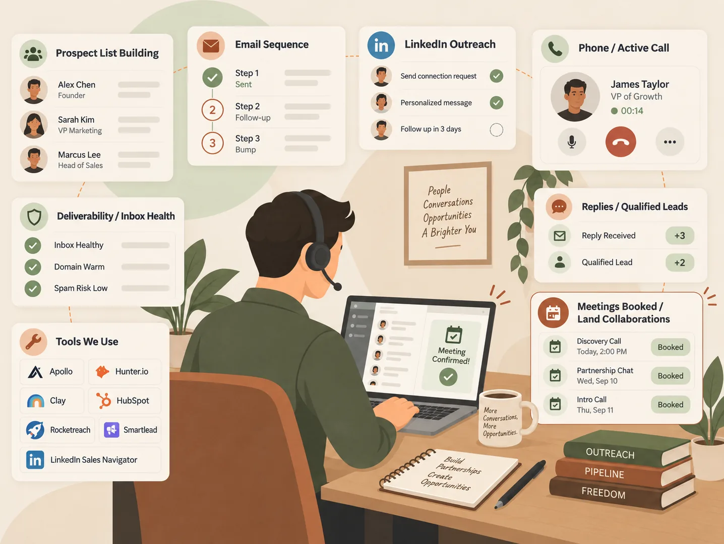 An outreach specialist on a headset running prospect list building, multi-step email sequences, LinkedIn outreach and live calls, tracking deliverability, replies, qualified leads and booked meetings across Apollo, Hunter.io, Clay, HubSpot and Sales Navigator