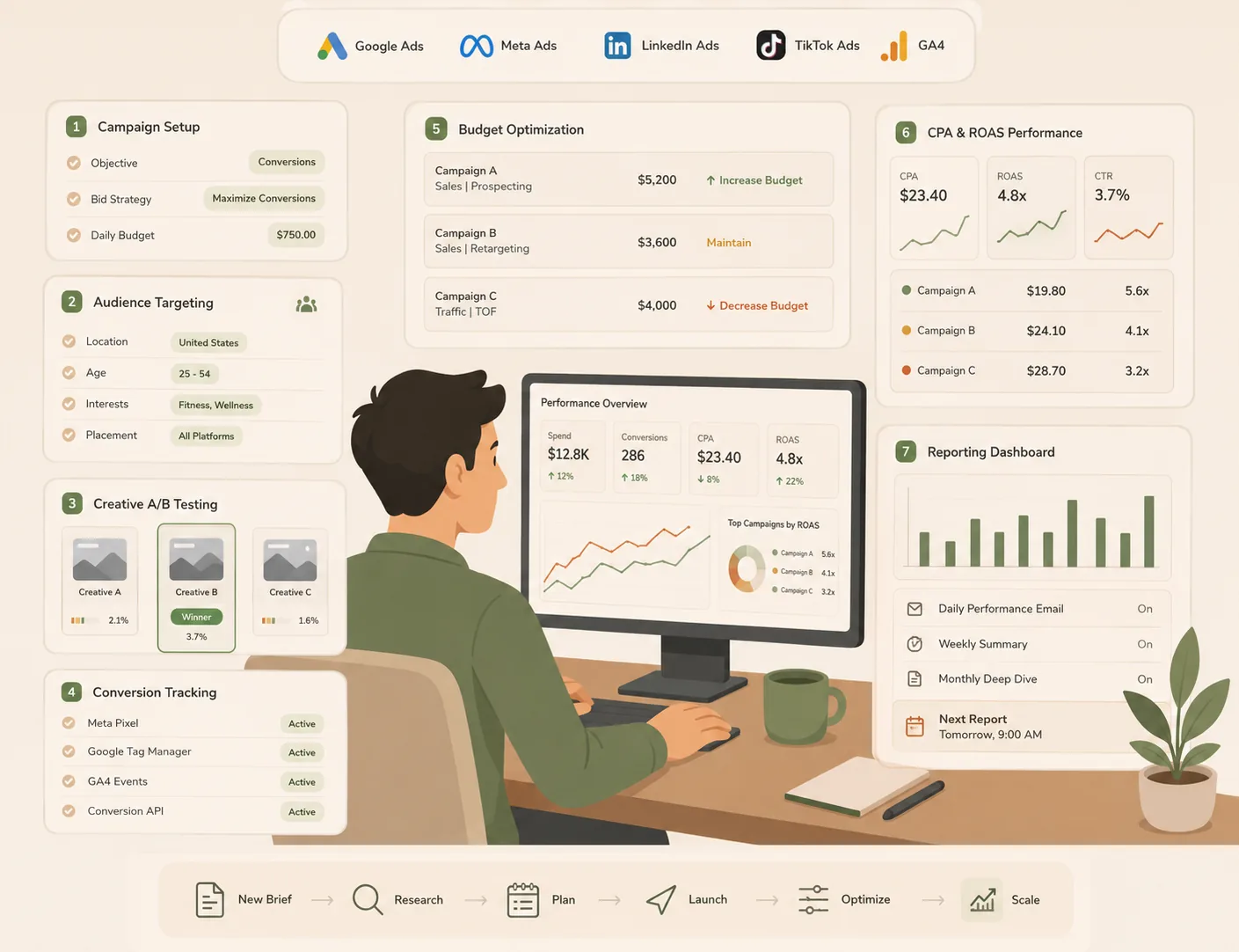 A paid ads specialist at a dashboard managing campaign setup, audience targeting, creative A/B testing, conversion tracking, budget optimization and CPA/ROAS reporting across Google, Meta, LinkedIn and TikTok Ads