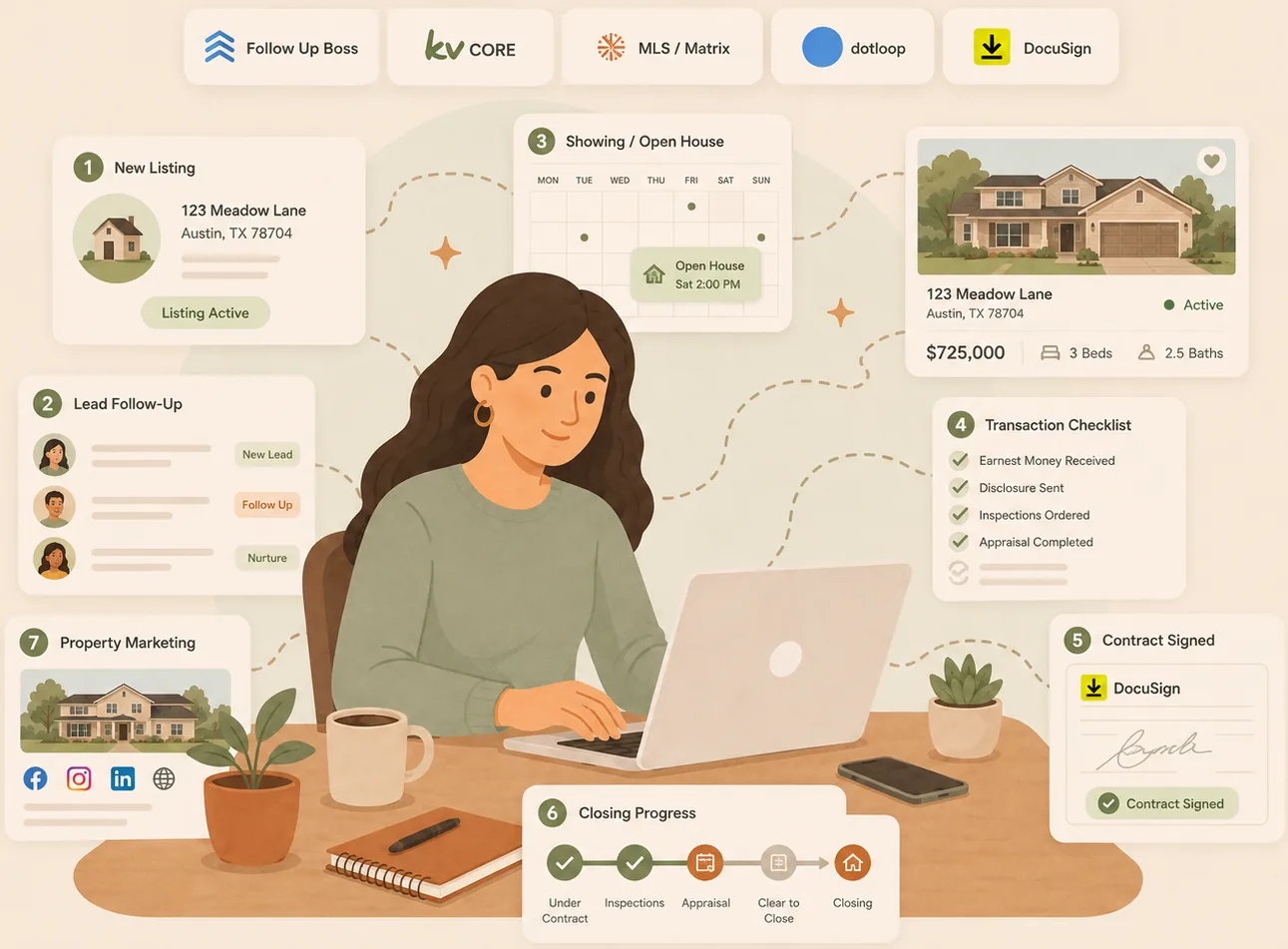 A real estate virtual assistant at a laptop managing new listings, lead follow-up, showings, transaction checklists, contracts and closing progress across Follow Up Boss, kvCORE, MLS, dotloop and DocuSign