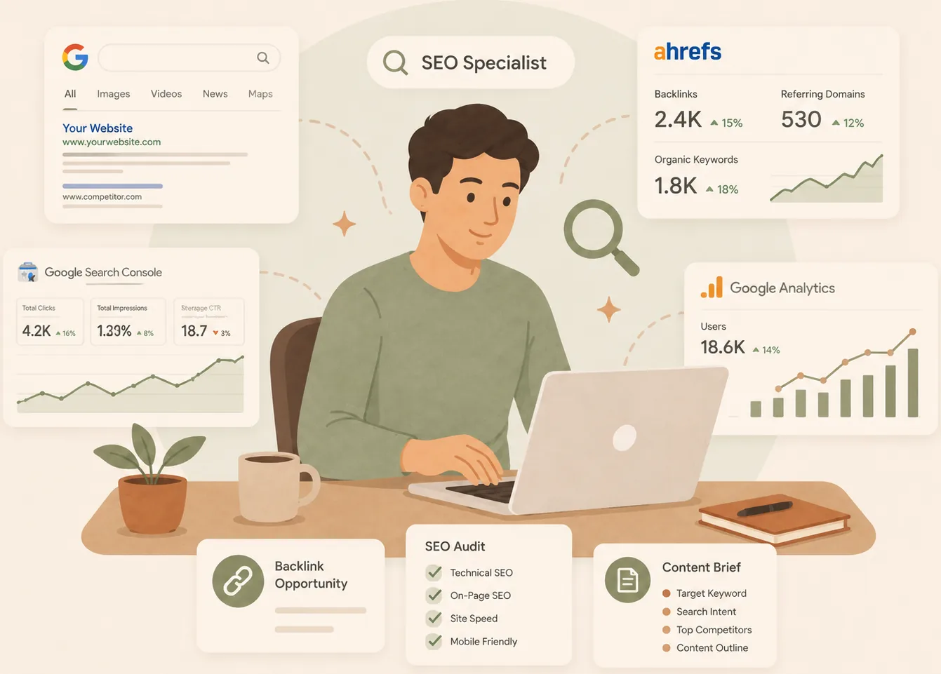 An SEO specialist at a laptop surrounded by Google Search Console, Ahrefs and Google Analytics dashboards, backlink and keyword insights