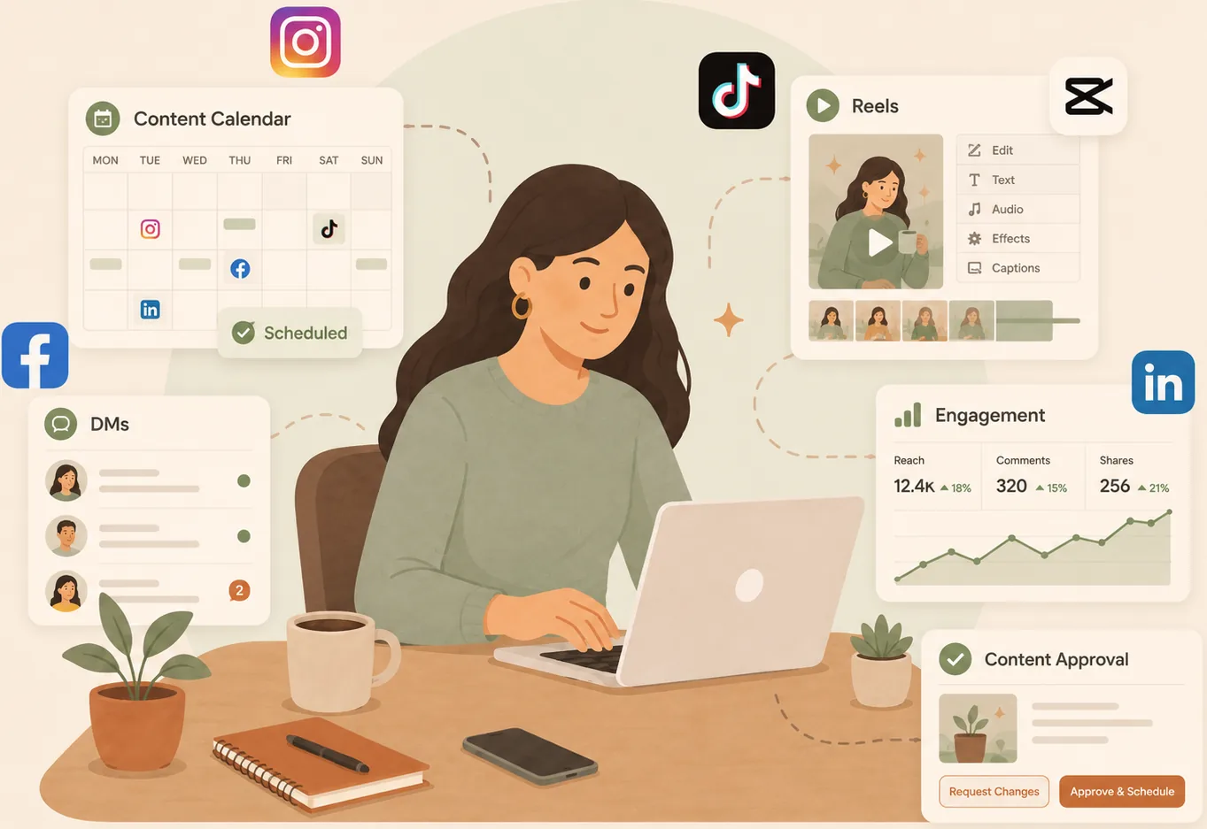 A social media specialist at a laptop managing a content calendar, Reels editing, DMs, engagement analytics and content approvals across Instagram, TikTok, Facebook and LinkedIn